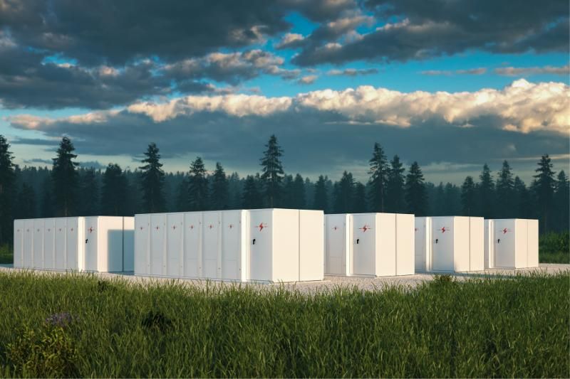 Batterilager i containrar vid skogskant